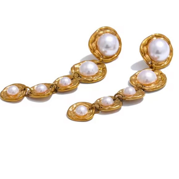 Gold Drop Earrings with Imitation Pearls – Stainless Steel, Real Gold Plated - Picture 8 of 17